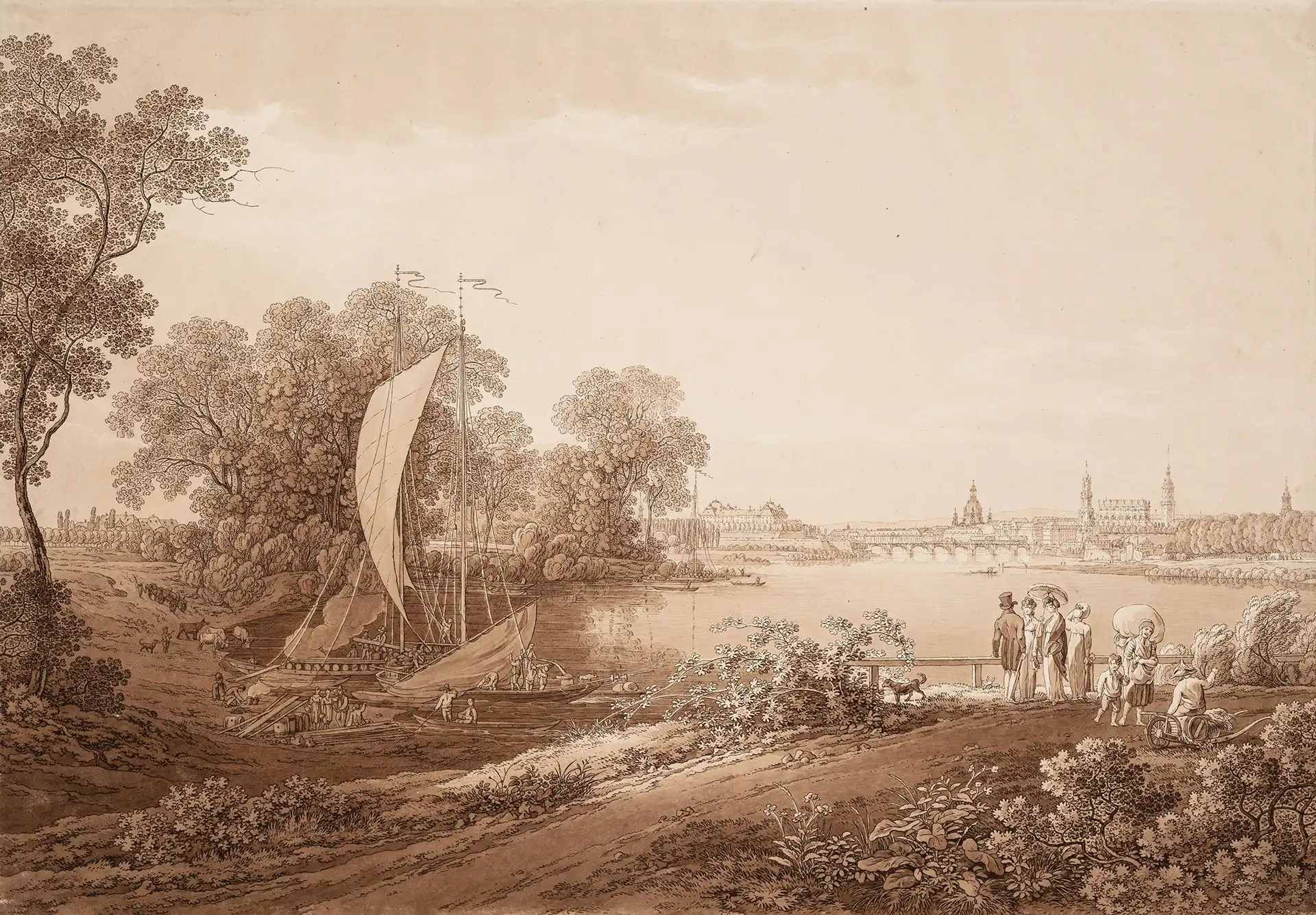 Die Radierung »Dresden vom Pieschener Winkel aus gesehen« von Adrian Zingg gewährt einen malerischen Einblick in das Panorama von Dresden aus der Perspektive von Pieschen. An den bewaldeten Ufern der Elbe legt ein Kaffeekahn an, während einige Menschen am Uferrand stehen und ihren Blick in die Ferne schweifen lassen, wo die Silhouette der Frauenkirche erkennbar ist.