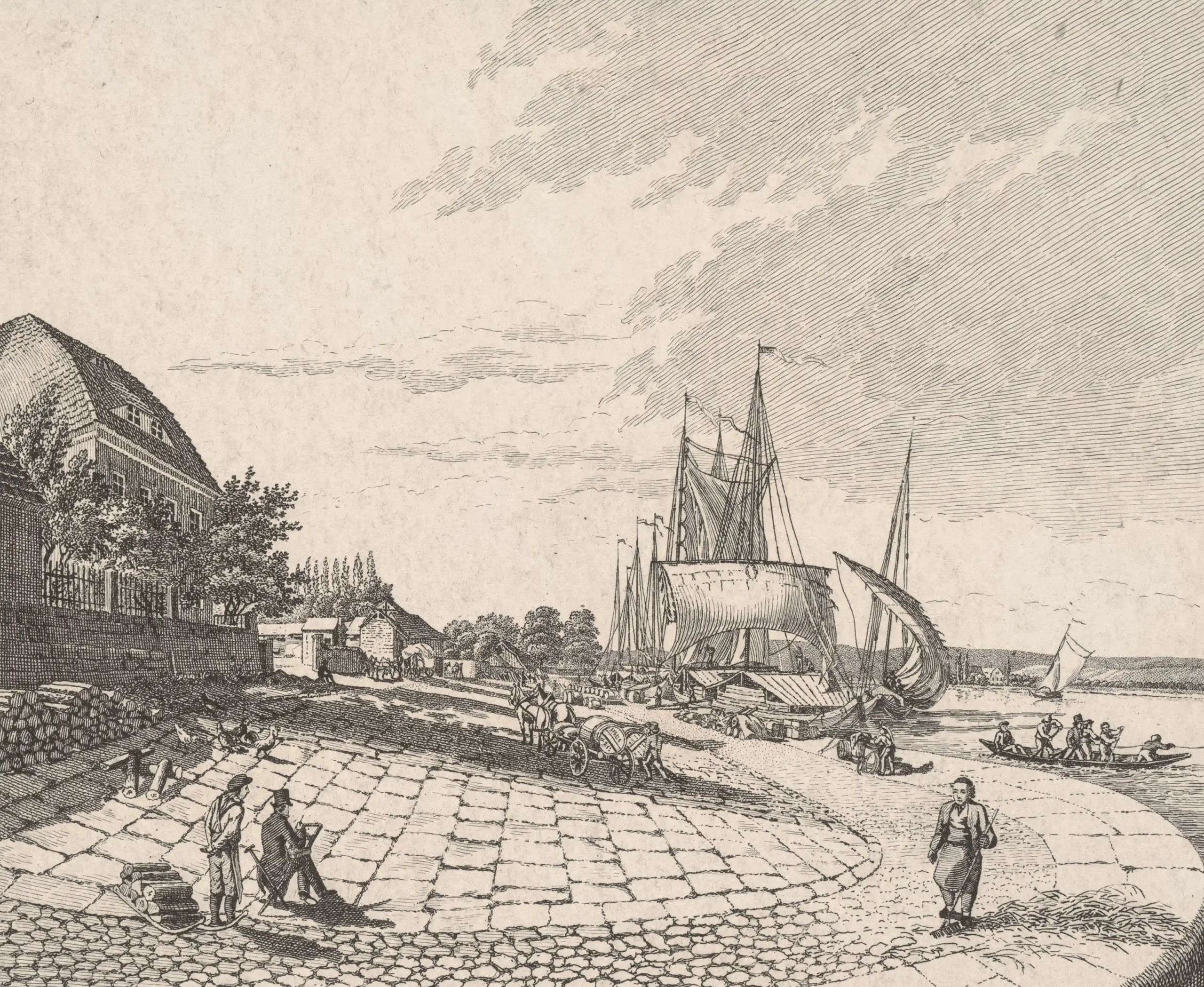 Das Bild zeigt ein Werk von Carl Heinrich Beichling und Curt Victor Grohlig »Der Ausschiffungsplatz (Packhof) am Altstädter Ufer westlich von Dresden, im Hintergrund das Große Ostragehege« von circa 1830. Es ist ein Kaffenkahn zu sehen, der am Ufer der Elbe angelegt hat, umgeben von geschäftigem Treiben von Menschen auf der Straße, verschiedenen Booten am Hafen und den naheliegenden Häusern.