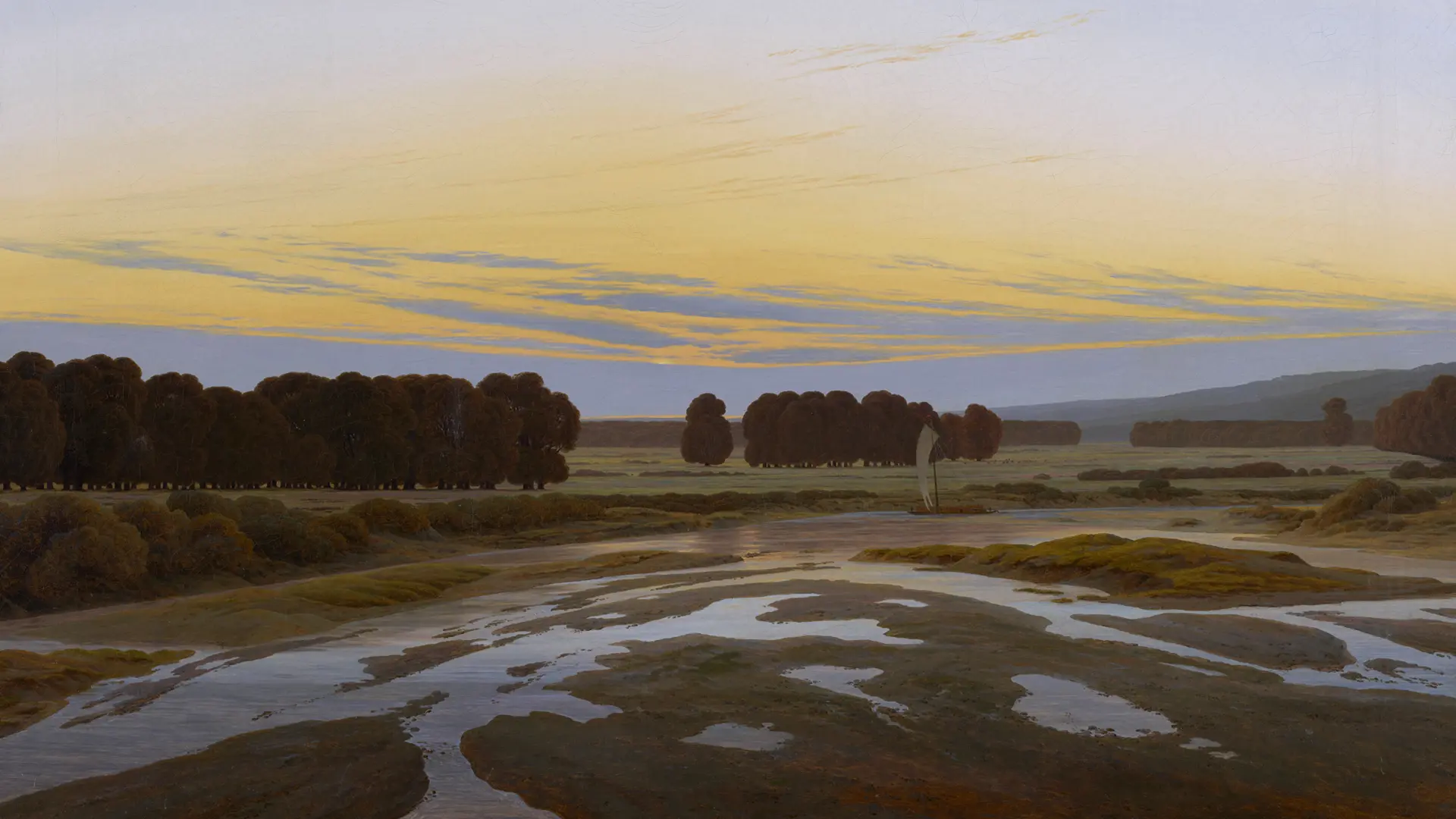 Die scrollbare Animation zeigt verschiedene Seiten aus einem Skizzenbuch Caspar David Friedrichs. Im Hintergrund ist das Gemälde »Das Große Gehege« zu sehen. Beim Scrollen werden einzelne Ausschnitte mit Baumreihen, einem Kahn, sowie einem flachen Hügel hervorgehoben. Die skizzenhaften Ausschnitte fügen sich fast nahtlos in das spätere Gemälde ein.